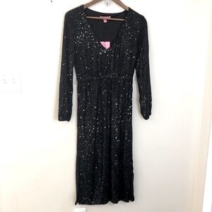 Betsey Johnson Elegant Chic black sequin maxi dress V neck long sleeves SZ SM